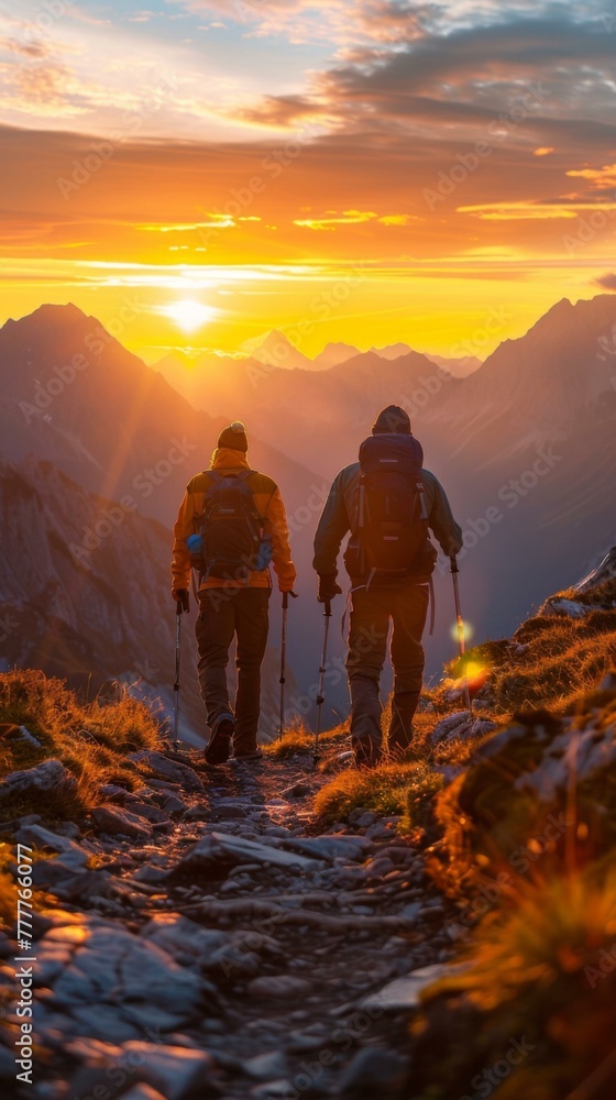 Two hikers with backpacks hiking up a mountain at sunset. AI.