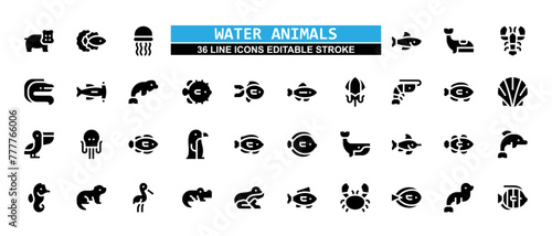 36 Water Animal Line Icons Set Pack Editable Stroke Vector Illustration.
