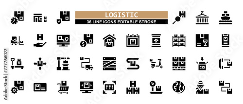 36 Logistic Line Icons Set Pack Editable Stroke Vector Illustration.