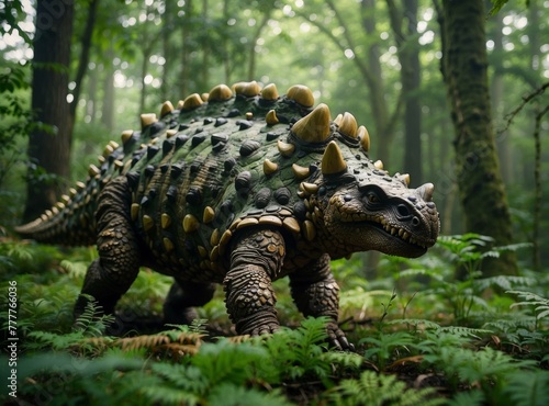 A dinosaur statue in a forest with trees and grass. Generative AI. © serg3d