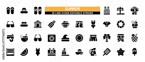 36 Summer Line Icons Set Pack Editable Stroke Vector Illustration.