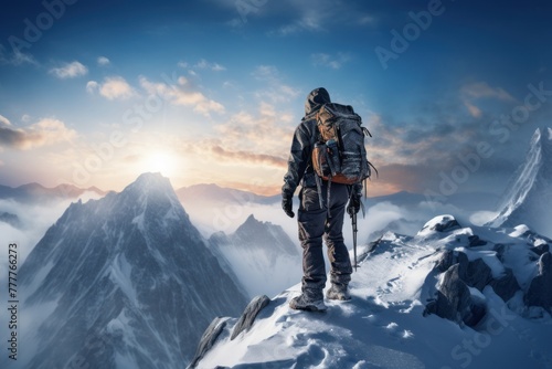 The thrill of achievement: a hiker on a sunlit snowy peak, backpack in tow, conquering the heights of a majestic mountain. photo