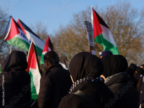 Crowd stand with Palestinian flags photo