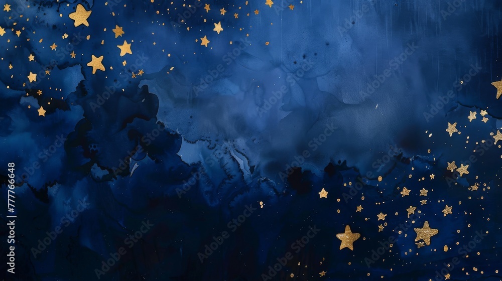 Fototapeta premium Dark blue background with gold stars and splatters. Elegant navy backdrop with gold star pattern. Royal blue canvas with shimmering gold details