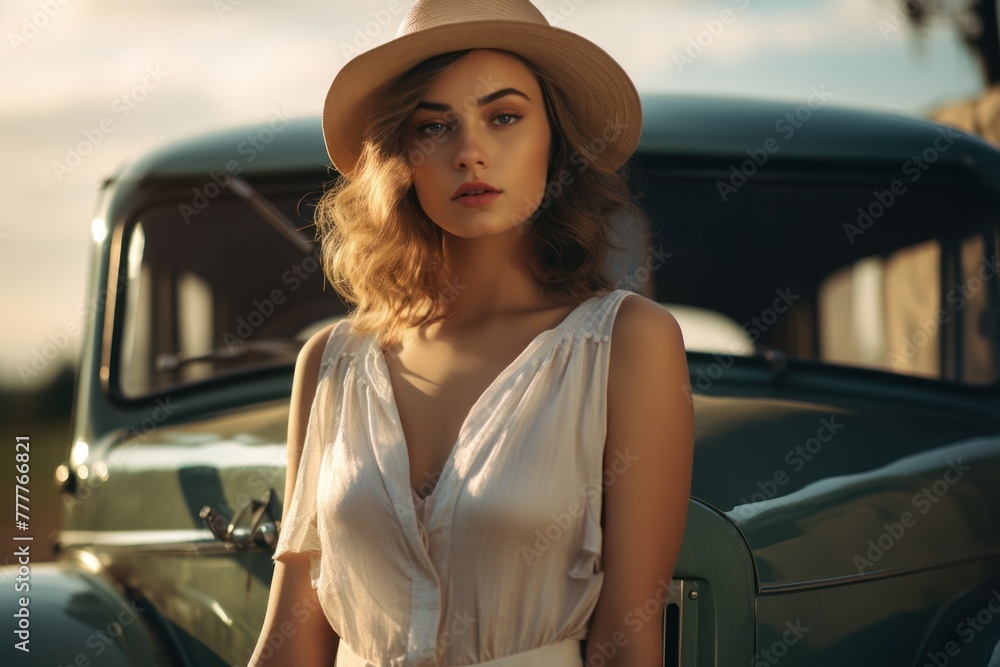 Summer glamor: a gorgeous lady in a hat against the background of an old-fashioned car illuminated by the rays of the sun. Summer glamor: a gorgeous lady in a hat against the background of an old-fashioned car illuminated by the rays of the sun.