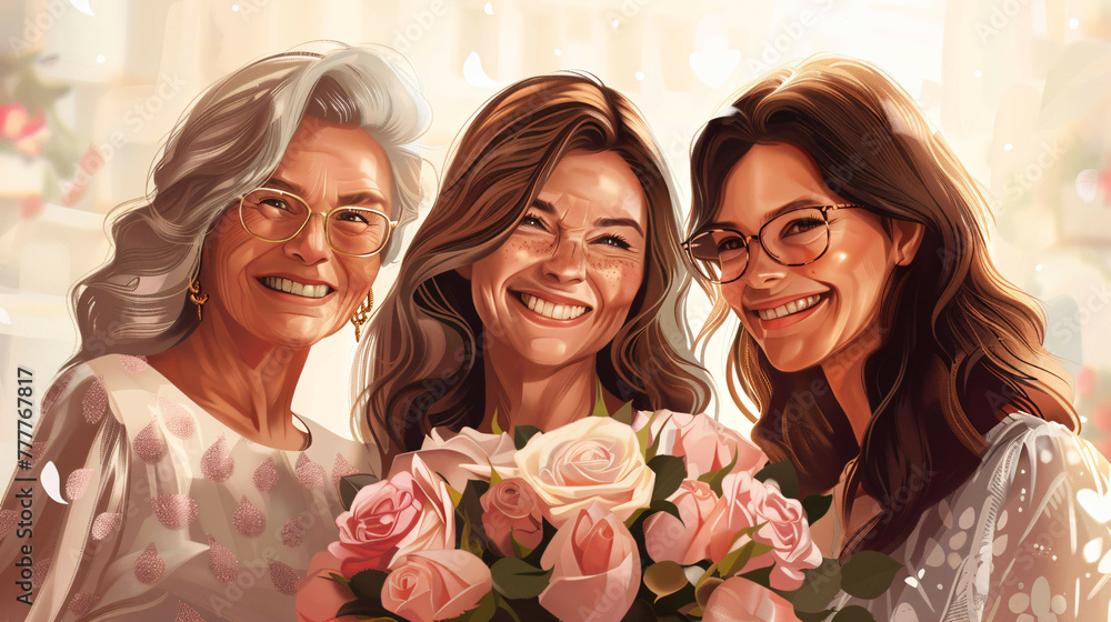 Beautiful Generations: Smiling Women, Pink Roses - Mother's Day Beautiful Generations: Smiling Women, Pink Roses - Mother's Day