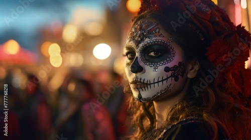 A hauntingly beautiful close-up-a girl with sugar skull makeup, embodying the allure of Mardi Gras in a dark and elegant fashion.