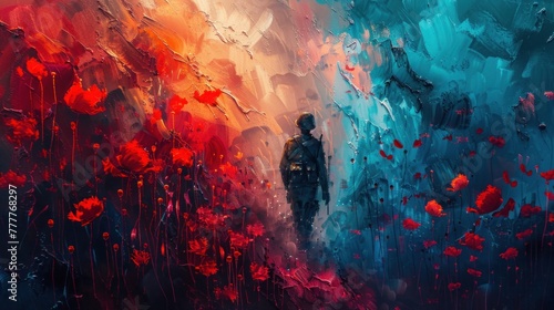 Anzac Day Tribute: Soldier Amidst Red Poppies - Abstract Art for Lest We Forget - AI Generated Concept