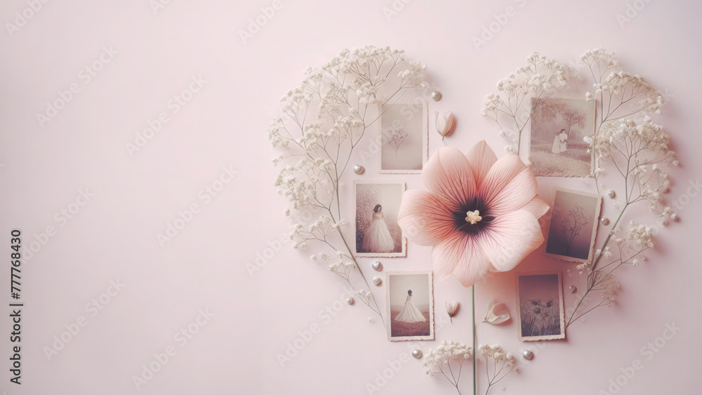 Flowers and photo frame on pink background, top view, copy space Flowers and photo frame on pink background, top view, copy space