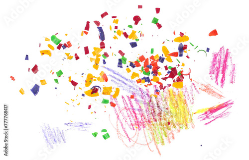 Fotografía Colorful wax pastel spiral shavings from sharpener, pieces and scribble, isolate