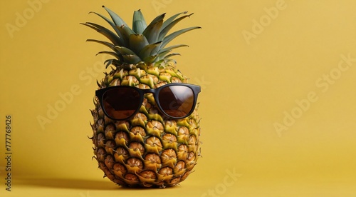 A pineapple wearing sunglasses on a yellow background.