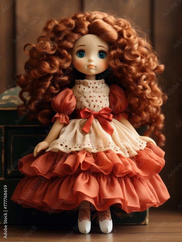 Beautiful handmade doll in flowing red hair and elegant dress, a masterpiece of craftsmanship. Handmade and creativity concept. Beautiful handmade doll in flowing red hair and elegant dress, a masterpiece of craftsmanship. Handmade and creativity concept.