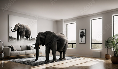 A living room with a large elephant statue in the center of the room.