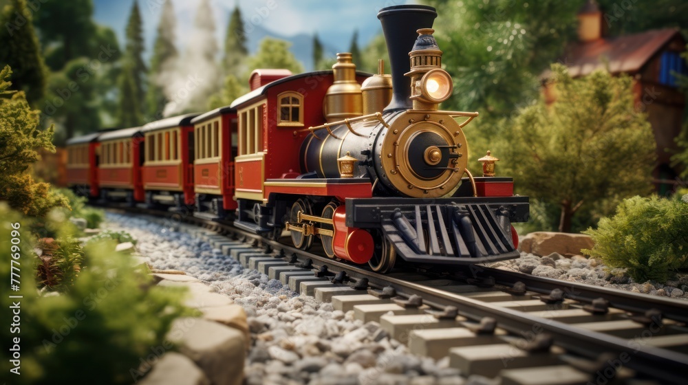 Relive the joy of childhood with a carefully crafted model railroad toy featuring a locomotive and cars on replica tracks.