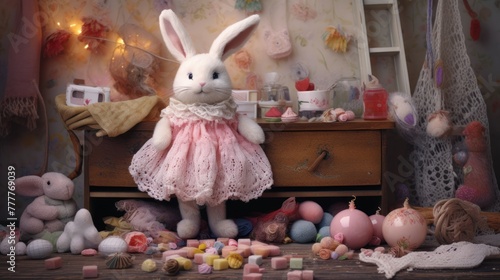 Soft knitted rabbit in dress among cheerful toys © ProPhotos
