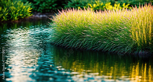 A small pond with tall grasses growing around it.