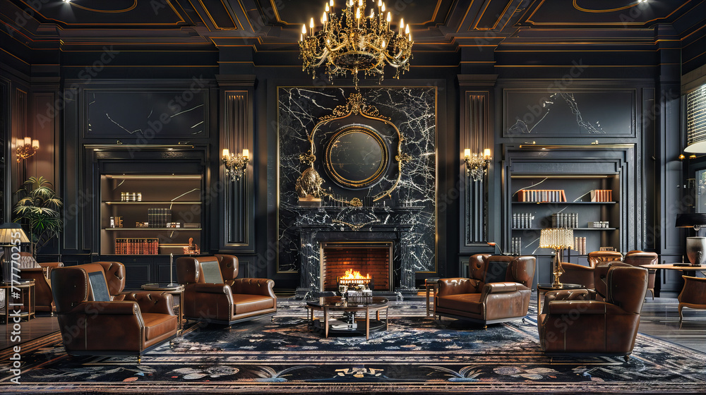 Luxurious Room with Herringbone Floor and Stylish Fireplace, Elegant Decor and Modern Furniture Design - obrazy, fototapety, plakaty 