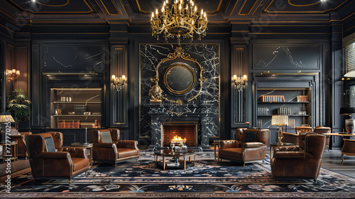 Luxurious Room with Herringbone Floor and Stylish Fireplace, Elegant Decor and Modern Furniture Design photo