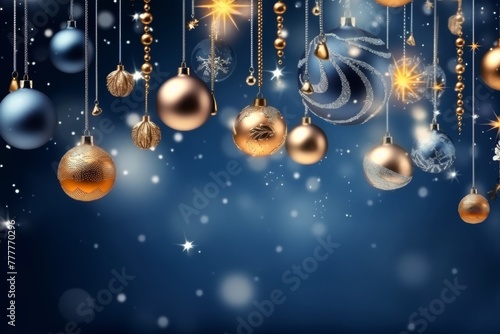 Holiday Elegance  Christmas Banner Lights and Baubles on Dark Blue