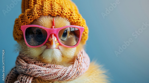 Funny yellow baby chick wearing pink sunglasses and wool hat on blue background  copy space for text