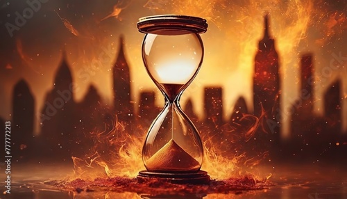 Hourglass amidst fiery apocalypse evokes urgency of time. In a world ablaze, this timekeeper stands as a stark reminder of fleeting moments.