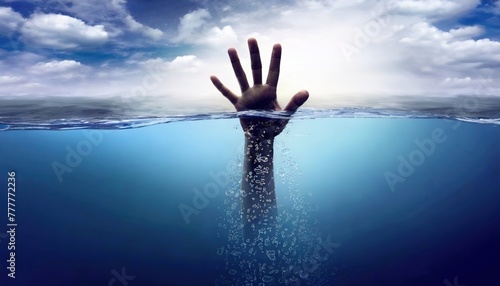 A desperate hand breaches the water's surface, yearning for rescue. Beneath the serene expanse, a struggle for survival unfolds, unseen and silent.