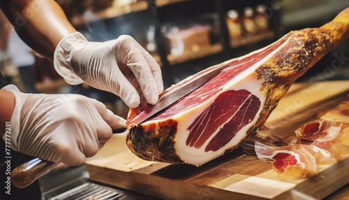 Expert delicatessen slicing jamon, the traditional Spanish cured ham. In a rustic setting, the jamon rests on a wooden cutting board, ready for serving.