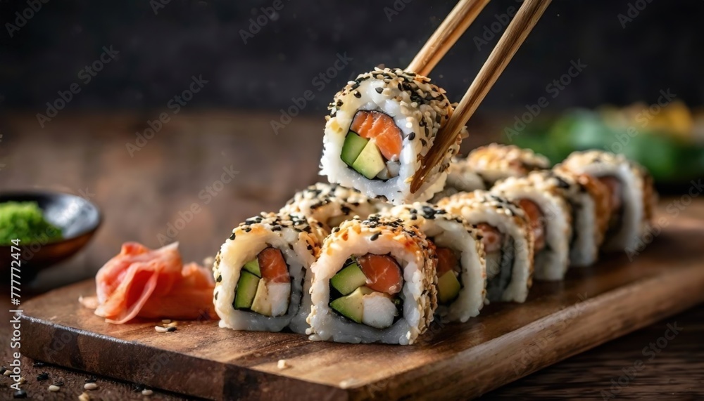 Sushi rolls ready for consumption on a wooden surface. The image showcases a delightful variety of this Japanese delicacy. Sushi rolls ready for consumption on a wooden surface. The image showcases a delightful variety of this Japanese delicacy.