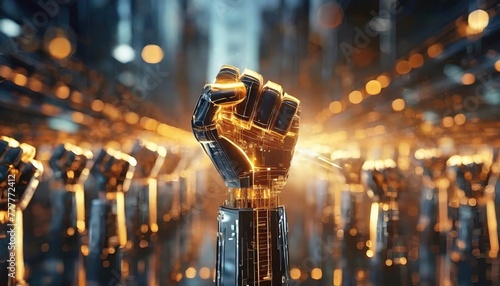 Robotic fist raised among many others. Metallic arm of artificial intelligence symbolises strength and unity. photo