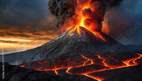 Volcano erupting with power and heat, a force of nature. The violent eruption sends ash and lava spewing into the sky. photo