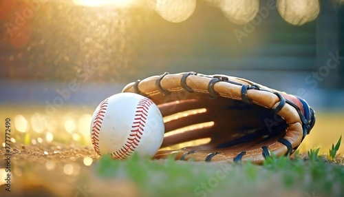 Baseball glove and ball on the field at dusk. Evening light casts shadows over sports equipment, game preparation.