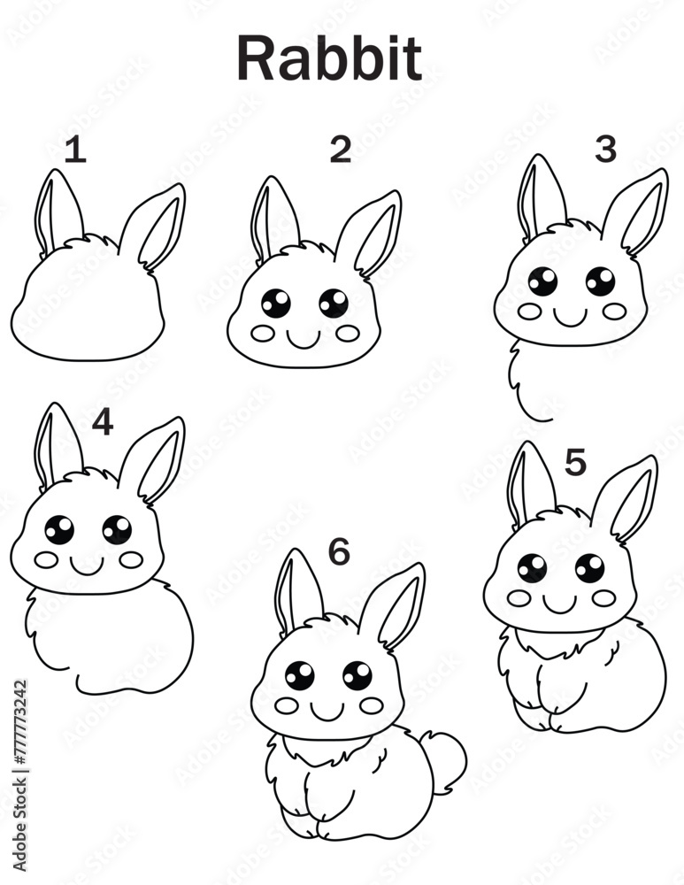 How to draw cute rabbit  for coloring book and education. Vector illustration