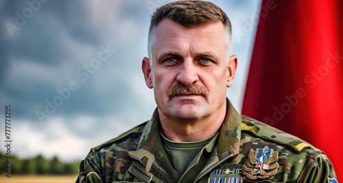 A military officer standing in front of a red flag with the words Army Strong written on it.