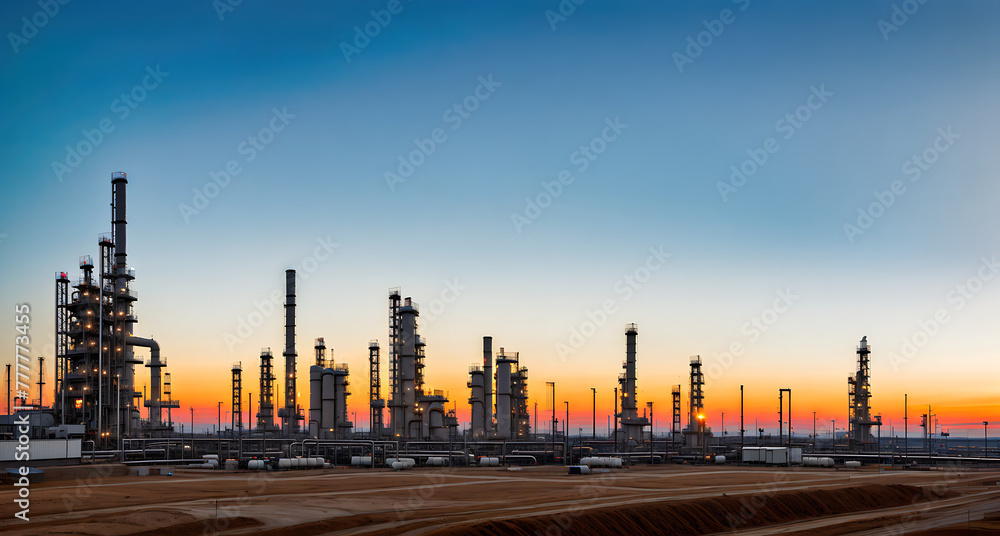 An oil refinery at sunset.