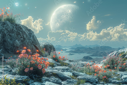 A glimpse of extraterrestrial landscapes, with alien flora and fauna thriving under unfamiliar skies. Concept of exoplanetary ecosystems. Generative Ai. © Sebastian