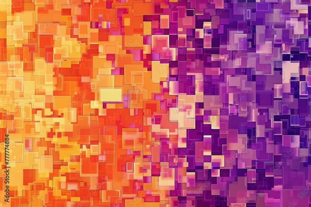 An orange and purple pixelated pattern, with an array of squares in shades of violet and amber featuring intricate geometric patterns Generative AI