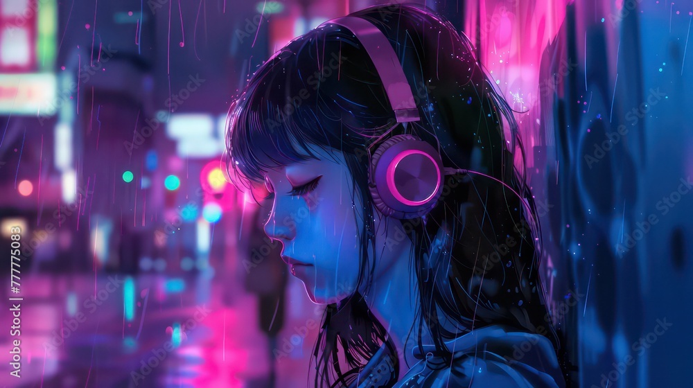 Lofi girl illustration. Young woman looking in the distance. Cartoon drawing of chill relaxed lady. Atmoshperic drawing. Happy hiphop lady listening to music headphone. Calm soothing light in nature.