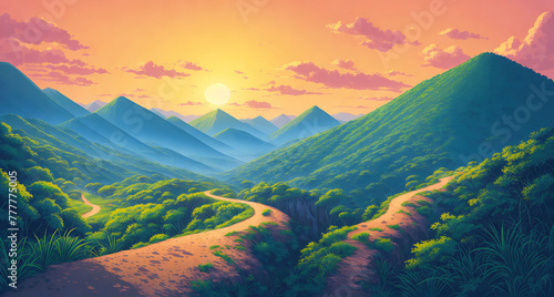 A scenic view of a mountainous landscape with a winding road leading through the mountains.
