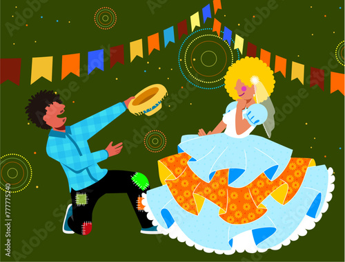 Festa Festa Junina - Casal Caipira - Casal de vestidos com roupas típicas de caipira dançando na quadrilha - cortejo	 Junina e Diversidade - 