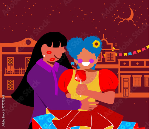 Festa Junina e Diversidade - Casal caipira - Casal Mestiço - Vetor de Casal Caipira comendo maça do amor na Festa Junina - Festa de São João