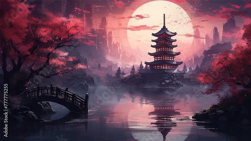 Oriental landscape with a bridge over a river and a pagoda japanese or chinese. Beautiful mountain Fuji and Chureito red pagoda with cherry blossom sakura