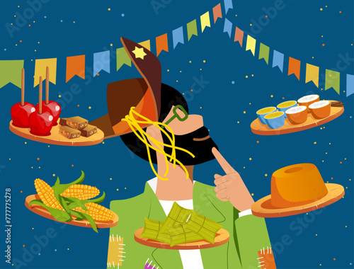 Festa Junina e Diversidade - Vetor de Homem grisalho escolhendo comidas típicas na Festa Junina - Festa de São João