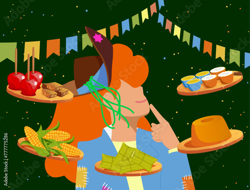 Festa Junina e Diversidade - Vetor de Homem grisalho escolhendo comidas típicas na Festa Junina - Festa de São João