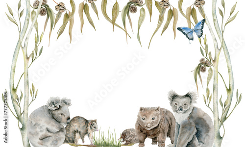 Canvas Print Koala and possum card with wombat and echidna decorated with eucalyptus leaves