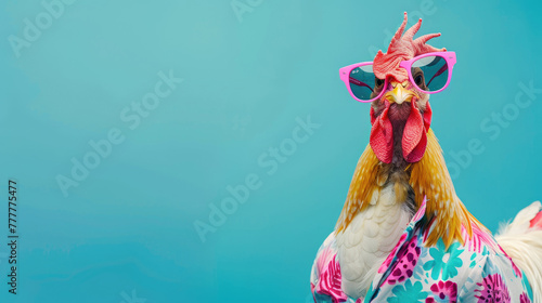Funny cockerel wearing sunglasses and summer shirt, blue wall background with copy space for text. Holidays concept © Liliya Trott