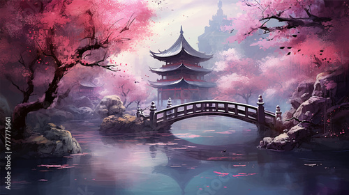 Oriental landscape with a bridge over a river and a pagoda japanese or chinese. Beautiful mountain Fuji and Chureito red pagoda with cherry blossom sakura