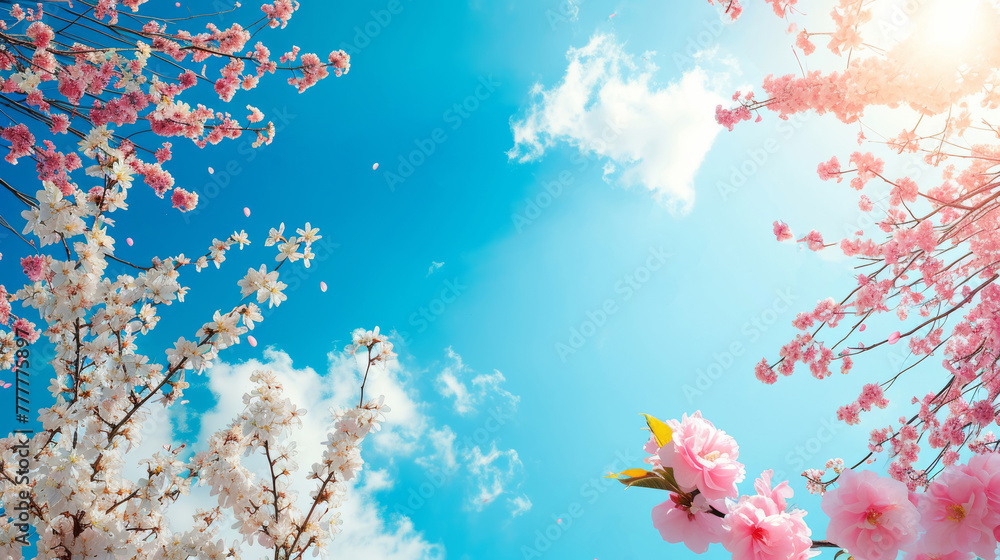 Diverse cherry blossoms in full bloom with a backdrop of a bright blue sky and fluffy clouds Diverse cherry blossoms in full bloom with a backdrop of a bright blue sky and fluffy clouds