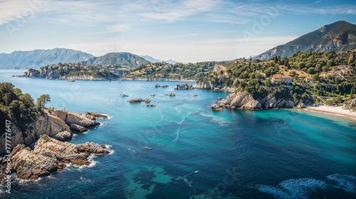 Along the southern coast of France, boats gently rock on the calm cerulean waters, bordered by rugged cliffs and lush greenery. Natural beauty and tranquility of the Mediterranean coastal haven.