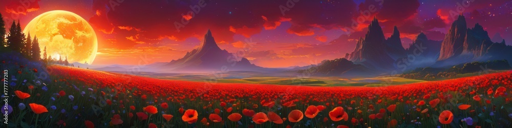Abstract midsummer illustration field of red poppies at sunset on mountains background. Background for design, space for text.	