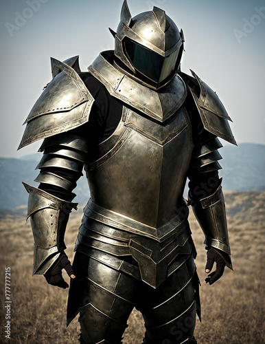 A knight in armor standing in a field.